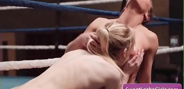  Sexy and horny big tit lesbian babes Ariel X, Mackenzie Moss eating pussy and fingering each other in the wrestling ring